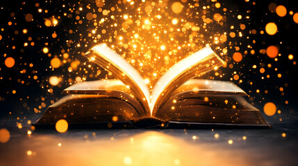 A mystical, open book radiates golden light and sparkles, suggesting magic and wonder