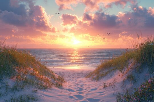 Serene sunset over a sandy beach path, with gentle waves and flying seagulls creating a peaceful coastal scene. : Generative AI
