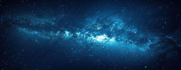 Fototapeta premium A mesmerizing panorama of the cosmos, showcasing a vibrant nebula with brilliant stars scattered across a deep blue expanse. The cosmic dust and gas create a breathtaking celestial sc : Generative AI