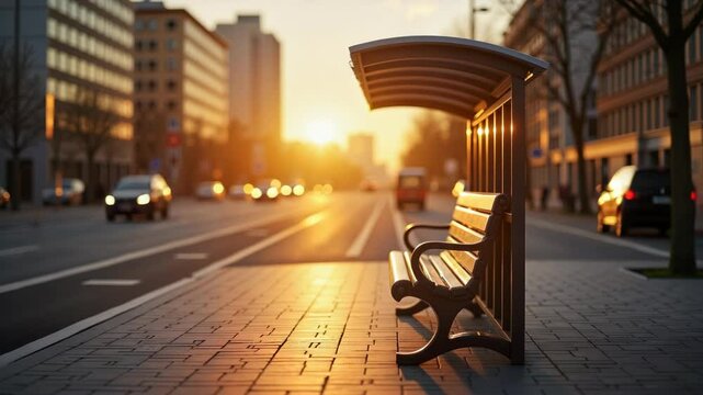 Urban bus stop bench at sunset with city skyline background  