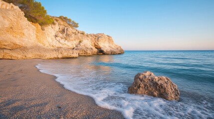 Serene coastal scene at sunrise, featuring a pebble beach, gentle waves lapping against the shore, and dramatic limestone cliffs covered in Mediterranean vegetation. : Generative AI