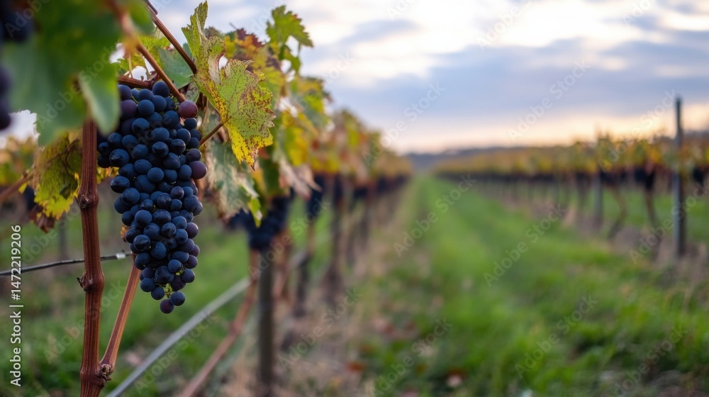 Poster a single bunch of dark purple grapes hangs heavy on a vine in a vineyard at sunset, the rows of vine