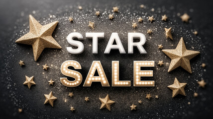 STAR SALE on a black background, surrounded by 3D golden stars and glitter. Concept of major promotions, seasonal discounts, and attractive sales with a premium, eye-catching presentation.