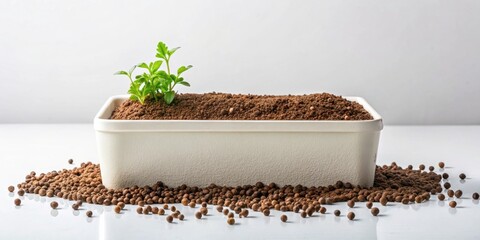 A small seedling sprouts from rich soil in a rectangular planter, surrounded by small brown spheres.