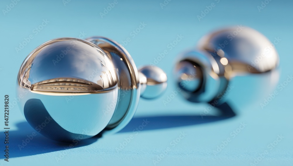 Poster close-up of two polished chrome spheres connected by a slender metallic stem, reflecting a blurred c