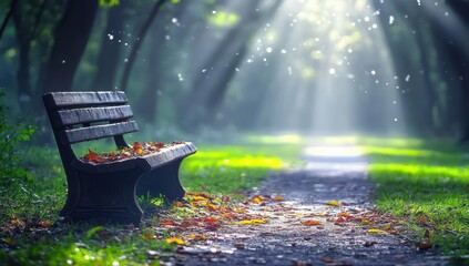 Serene autumn park scene sunlight through trees, path, bench with fallen leaves
