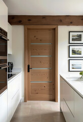 Fototapeta premium English Country Kitchen Doors: A Modern, Sleek Design Featuring White Walls, Dark Brown Wood, Horizontal Oak Lines, and Glass Inlay, Bathed in Natural Light. 