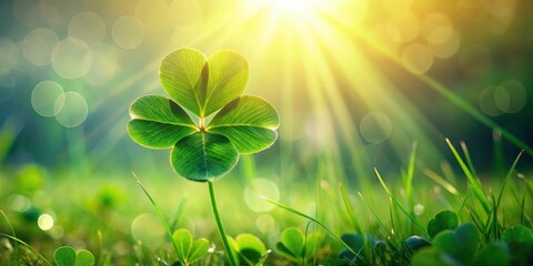 A vibrant four-leaf clover basking in the warm sunlight amidst a field of lush green grass.