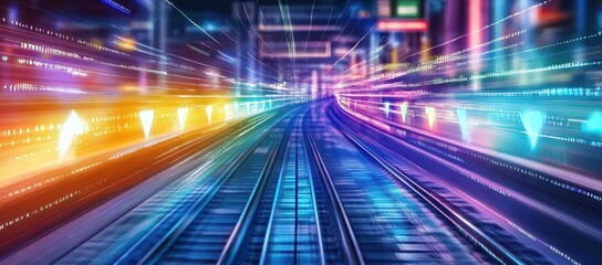Fototapeta premium Vibrant Cityscape Night Train Tracks Glowing Colorful Lights