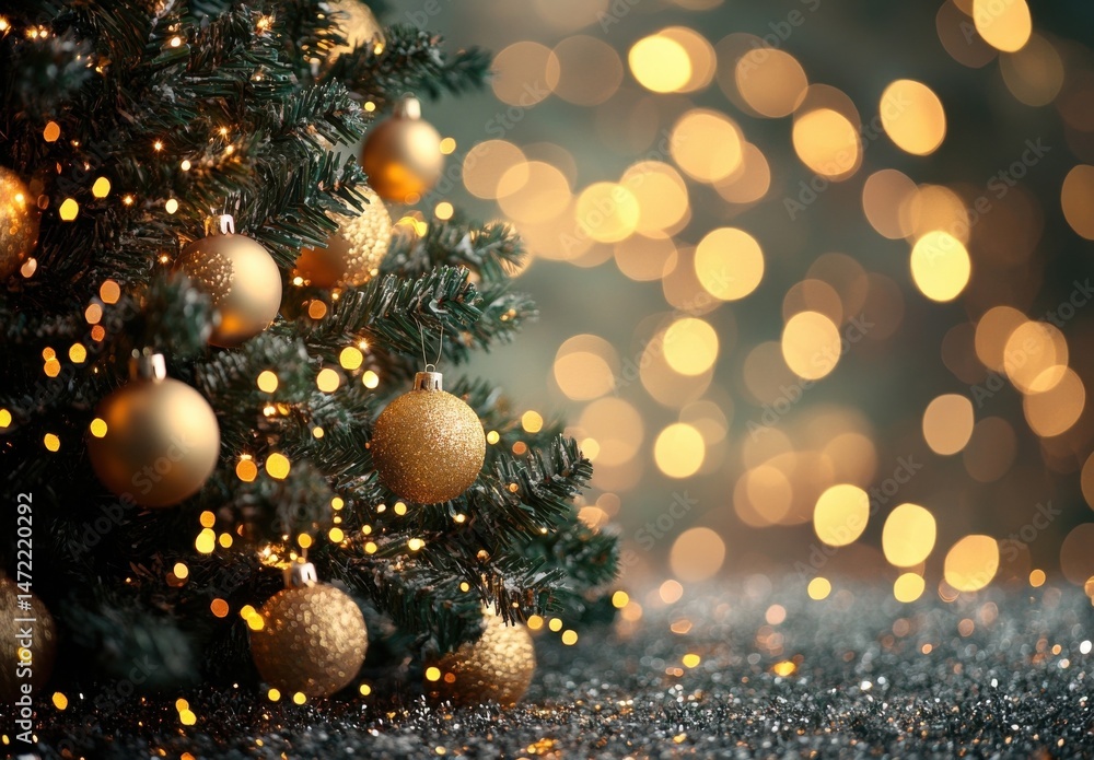 Poster closeup of a decorated christmas tree with gold ornaments and warm lights, sitting on a sparkly surf