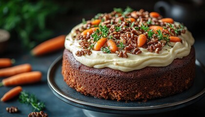 Delicious carrot cake with cream cheese frosting and walnut garnish. Perfect image for recipe blogs, dessert articles, and food related marketing.