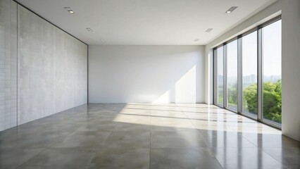 Sunlit Empty Room with Large Windows and Concrete Wall