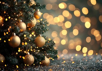 Closeup of a decorated christmas tree with gold ornaments and warm lights, sitting on a sparkly surface against a bokeh background. : Generative AI