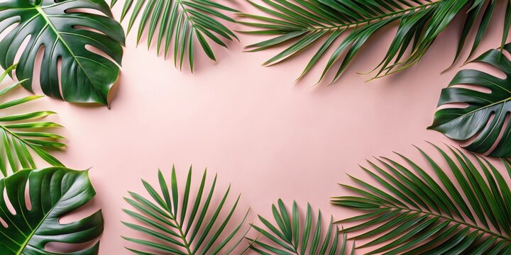 Lush tropical foliage arranged on a soft pink background, creating a vibrant and inviting frame for text or imagery.