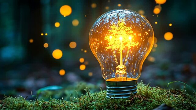 Glowing lightbulb with a luminous tree filament on forest moss, amidst ethereal bokeh, symbolizing eco-energy and bright ideas