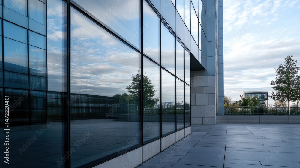 Aufkleber modern glass building exterior reflecting a cloudy sky and trees, showcasing sleek architecture and 