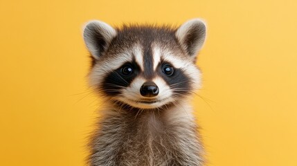 Obraz premium Cute baby raccoon full body portrait on light yellow background for wildlife education and animal protection.