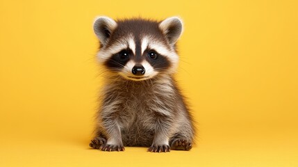 Obraz premium Cute baby raccoon full body portrait on light yellow background for wildlife education and animal protection.