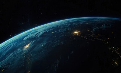 Fototapeta premium Stunning nighttime view of Earth from space, showcasing city lights illuminating the planet's curvature against a backdrop of dark space and distant stars. : Generative AI