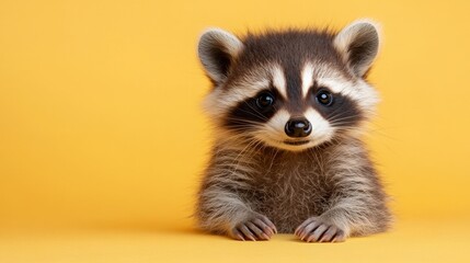 Fototapeta premium Cute baby raccoon full body portrait on light yellow background for wildlife education and animal protection.