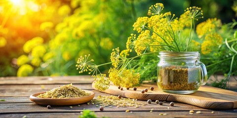 Sunlit Dill Seed Harvest on Rustic Wooden Table