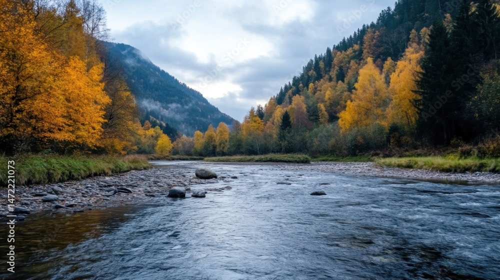 Poster Serene autumn river flows through a valley, flanked by golden and green trees under a cloudy sky, creating a picturesque landscape. : Generative AI