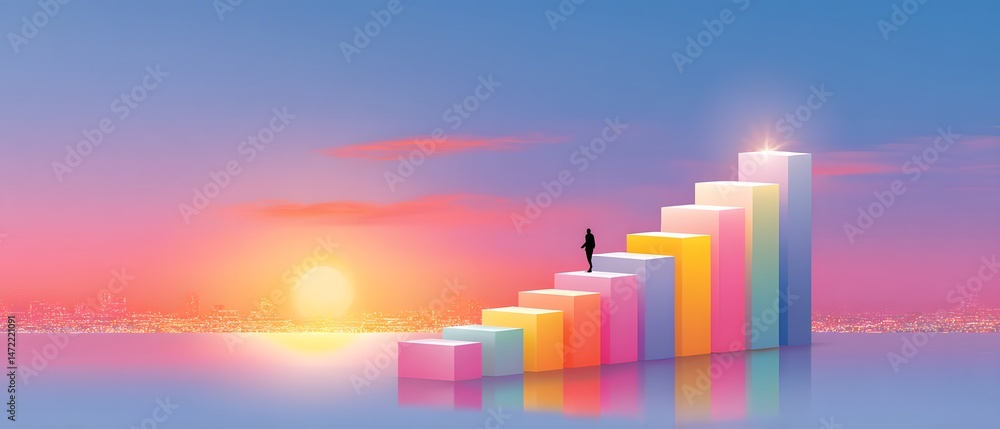 Poster business growth through data an ascending graph staircase at sunset visualizing progress in a calmin