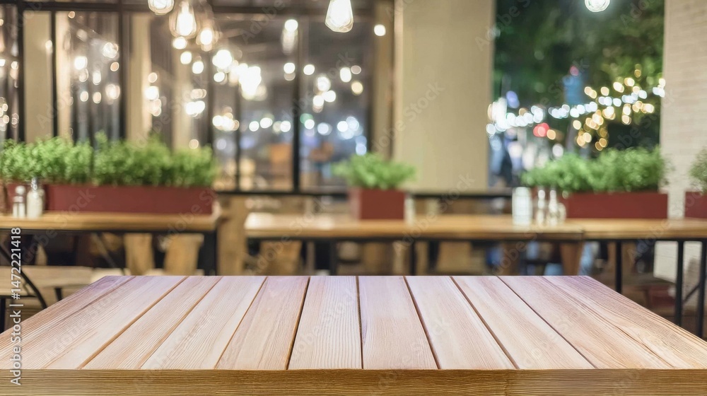 Aufkleber Empty light wood table in a blurred restaurant setting at night, showcasing warm lighting and greenery. : Generative AI