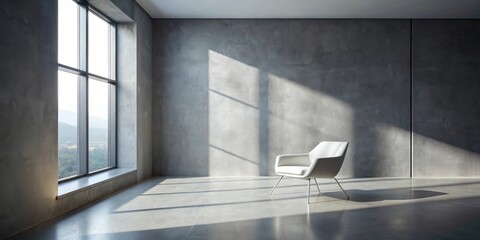 Modern minimalist room interior design with a single white chair and large window