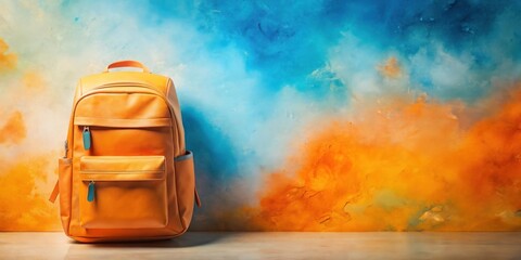A vibrant orange leather backpack rests against a stunning blue and orange abstract painted wall.