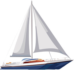 Sailboat Gliding on Calm Water - Serene Ocean Vector - Maritime Travel Illustration - Yachting Vacation Graphic - Isolated Nautical Silhouette