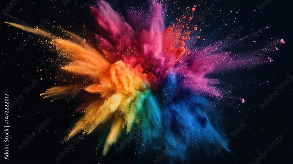 Poster vibrant rainbow powder explosion against a black background, showcasing a dynamic burst of color and