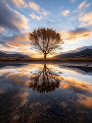 Fototapeta premium Solitary tree silhouetted against a vibrant sunset, its reflection mirrored perfectly in a still puddle, creating a serene and peaceful autumnal landscape. : Generative AI