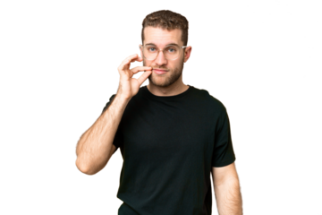 Young handsome blonde man over isolated chroma key background showing a sign of silence gesture