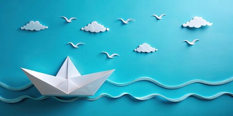 A serene paper craft depicting a solitary origami boat sailing on tranquil waters under a sky adorned with fluffy clouds and graceful birds