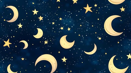 Naklejka premium Digital illustration of a dark blue background filled with stylized crescent moons and scattered stars.