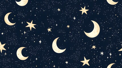 Fototapeta premium Digital illustration of a dark blue space filled with glowing gold moons and scattered stars.
