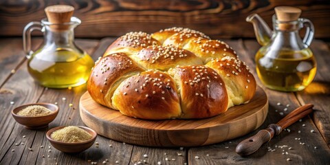 Golden-brown braided loaf, sprinkled with sesame seeds, rests on a wooden board, accompanied by bowls of seeds and oil