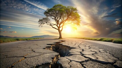 A solitary tree stands resiliently amidst a cracked asphalt road at sunset, symbolizing nature's endurance against adversity.