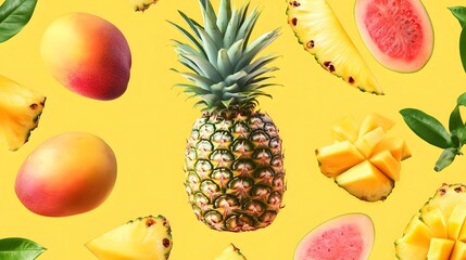 Photograph of tropical fruits against a bright yellow background.