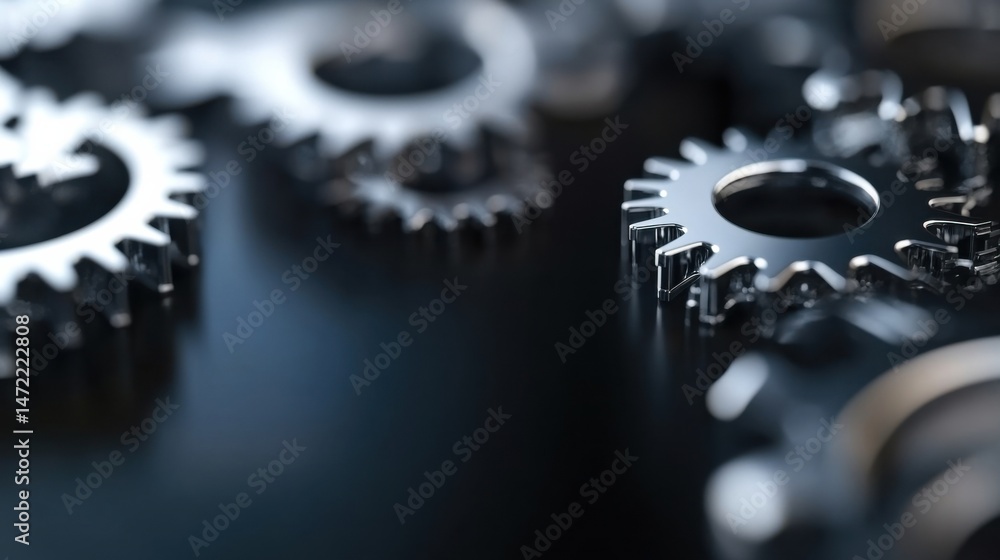 Poster Close-up view of several metallic gears interlocked, reflecting light on a dark surface, suggesting precision engineering and intricate mechanics. : Generative AI