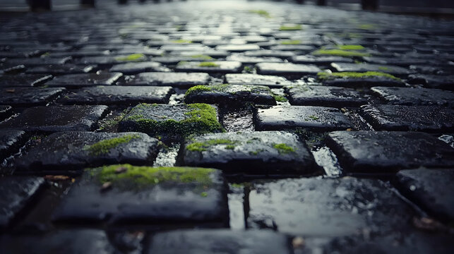 Wet cobblestone pavement with moss - Powered by Adobe