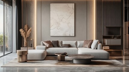 Modern living room with elegant furniture, marble accents, and natural light illuminating the space