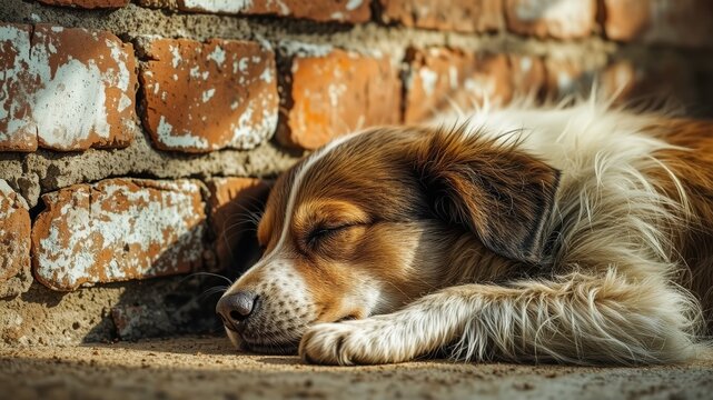 Dog Napping Near Brick Wall, Tranquil Moment