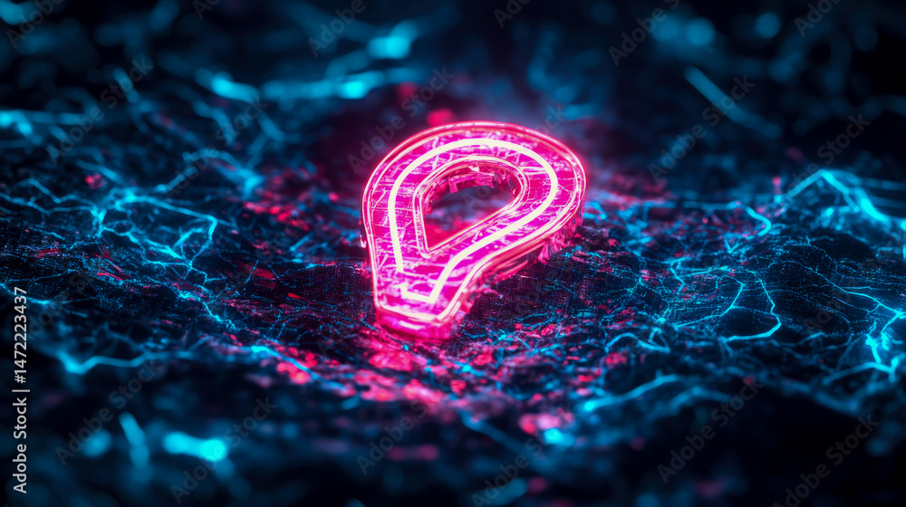 Poster neon data stream: abstract network node with pink icon on digital terrain, for technology presentati