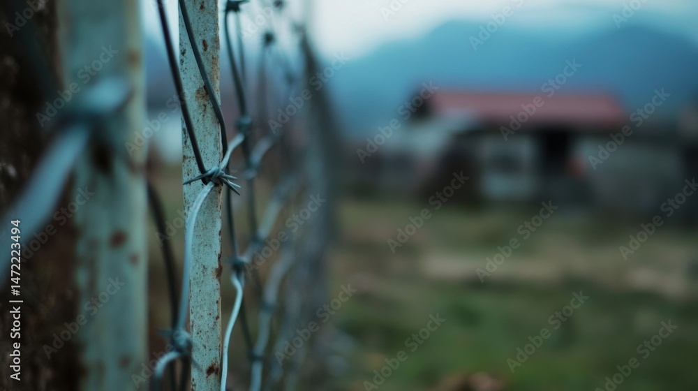 Aufkleber Close-up view of rusty barbed wire fence post, blurred rural background showing distant mountains and a small building. : Generative AI