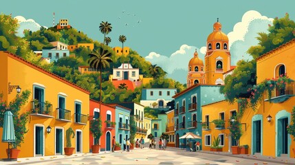 Obraz premium Vibrant Hillside Town with Colorful Buildings