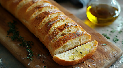 Long baguette sliced diagonally on a wooden cutting board with olive oil and herbs