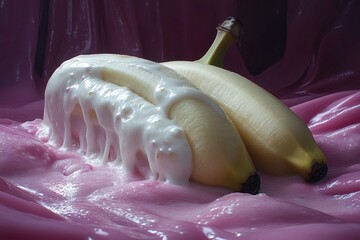 Two bananas, one covered in white slime, rest on pink fluid surface. Use this image for a creative food blog, or a surreal art project.