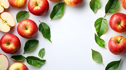 Fresh Red Apples with Green Leaves on White Background Display